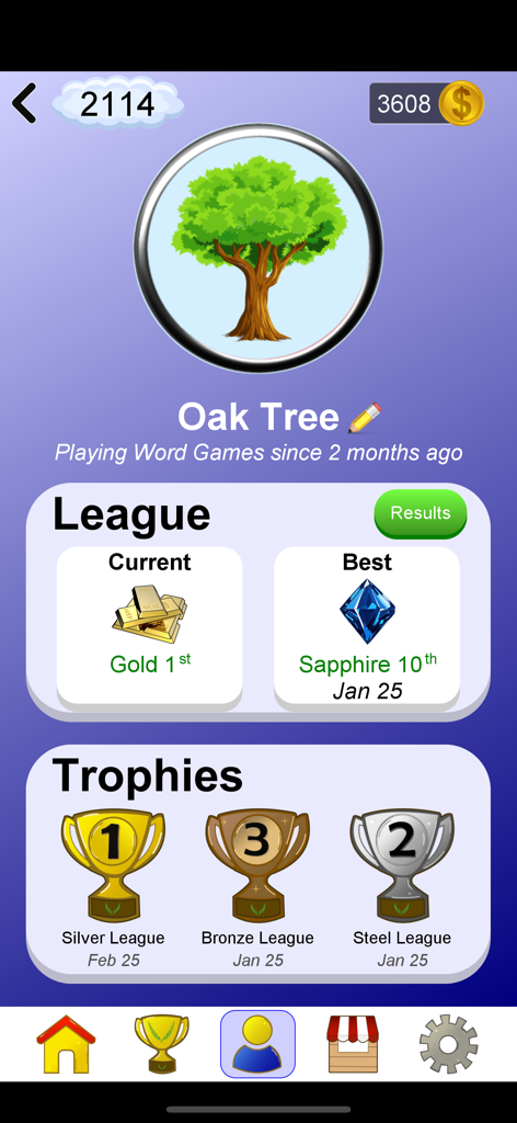 Arrow Crossword & Other Games - User profile page showing game level, league rankings, and earned trophies.