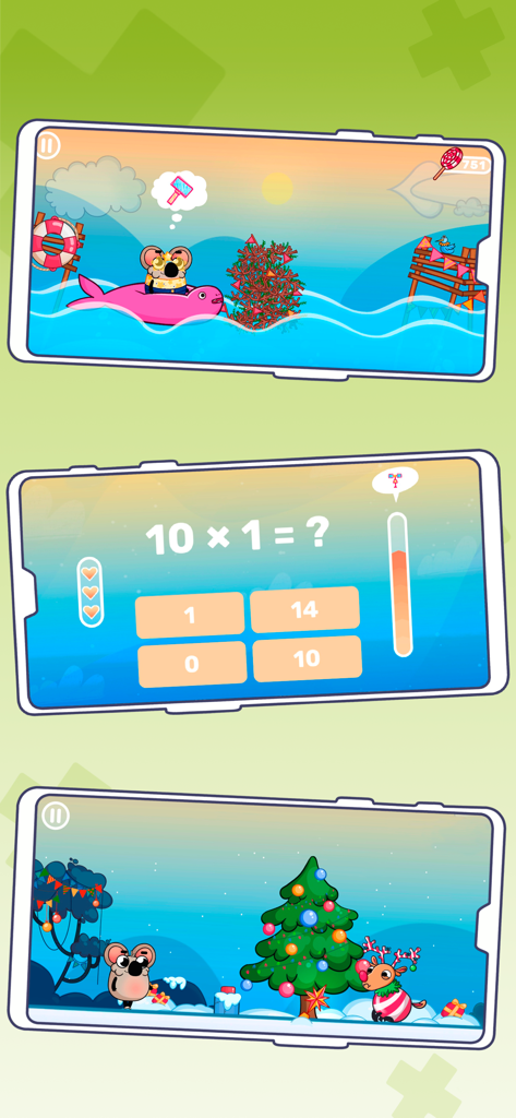 Mobile app screens showing a multiplication math quiz and a character exploring different themed environments.
