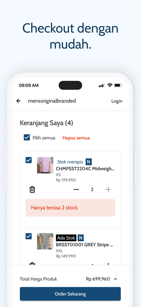 Mens Original Branded - Shopping cart screen of the Mens Original Branded mobile app showing branded apparel and checkout options