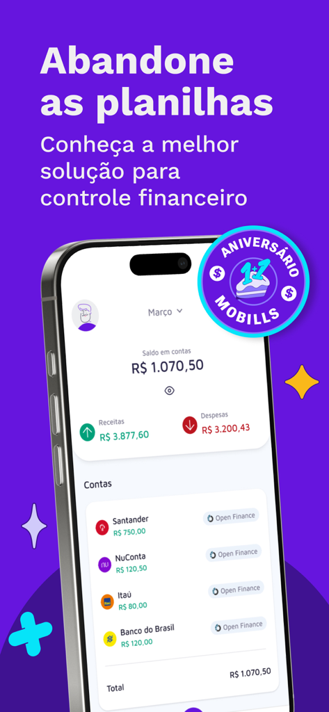 Painel do aplicativo Mobills exibindo saldos de contas bancárias e resumo financeiro mensal