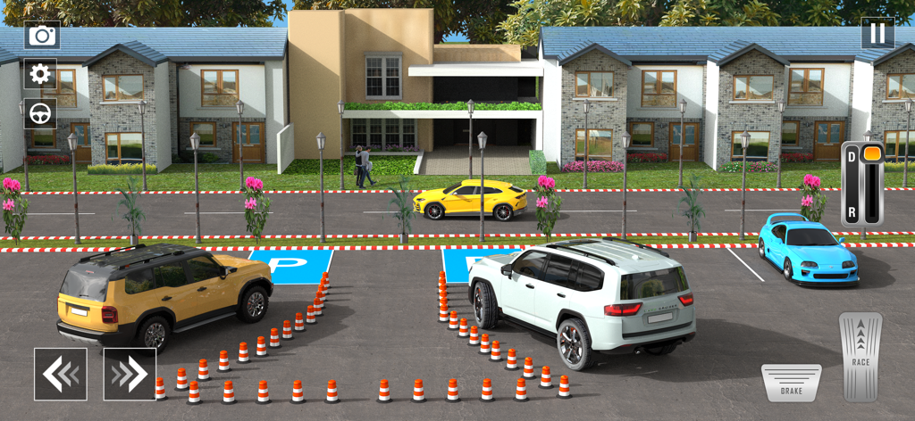 Prado Parking Game - Car Game - A 3D car parking simulation game showing a white luxury SUV navigating through traffic cones into a parking spot.