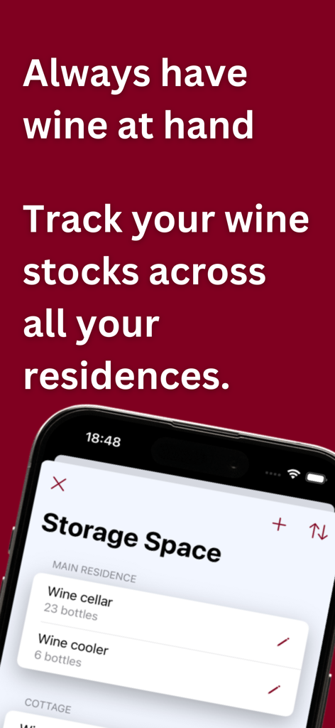 Interface showing wine inventory management across multiple storage spaces like a cellar and cooler in a main residence