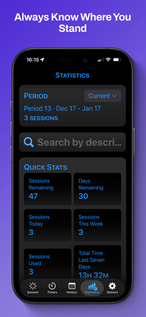 Claude Counter - El panel de estadísticas de la aplicación Claude Counter que muestra datos de uso de sesiones y estadísticas de seguimiento del tiempo.