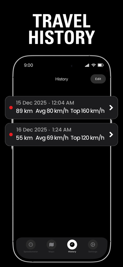 Pantalla de smartphone que muestra el registro del historial de viajes de una aplicación de velocímetro con datos de distancia y velocidad del viaje.