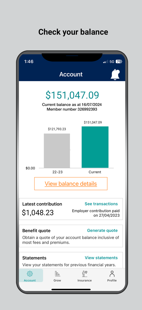 Australian Food Super - Australian Food Super 앱 화면, 계정 잔액 및 최신 기여금 세부 정보 표시