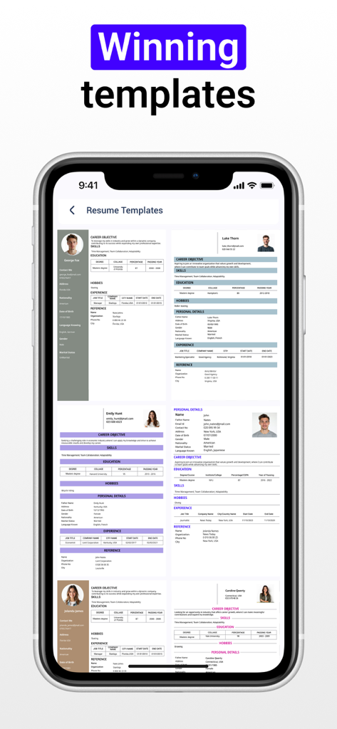 Resume Maker: CV Creator - Una colección de plantillas de currículum profesionales y modernas que se muestran en una pantalla móvil.