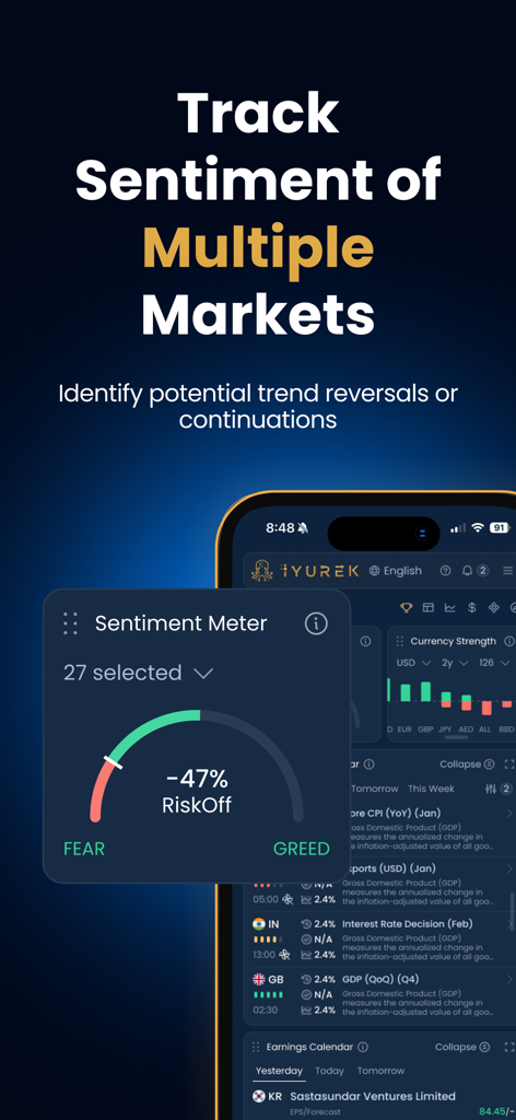 iYurek - iYurek mobile app display showing a real-time sentiment meter for market analysis of stocks crypto and forex