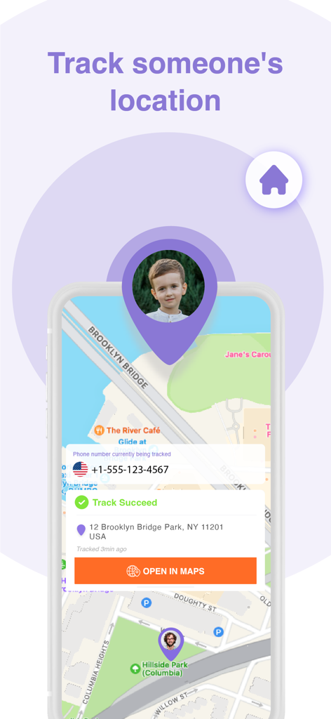 Screenshot of the Friend Tracker app showing a child's live GPS location on a map with an open in maps button.