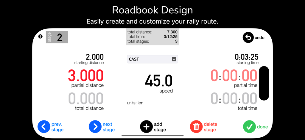 3pRally - TSD Rally - Roadbook Design interface in the 3pRally app for creating and customizing TSD rally routes with stages and speed settings