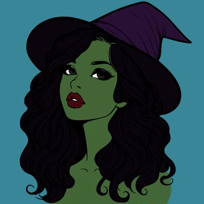 realistic witch girl with wavy hair and lips