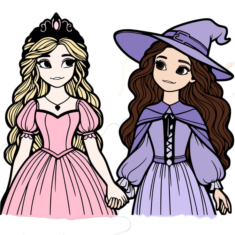 a princess and a witch holding hands realistic