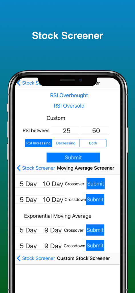 Stock Screener Pro - Technical - Interface of Stock Screener Pro app displaying technical analysis tools and RSI filter settings