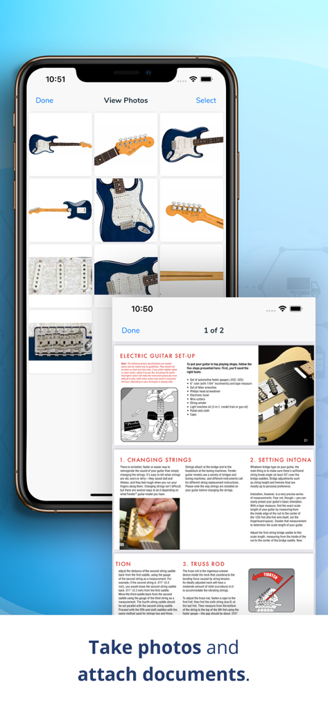 Una interfaz móvil que muestra una galería de fotos de artículos y un documento técnico adjunto para una guitarra eléctrica.