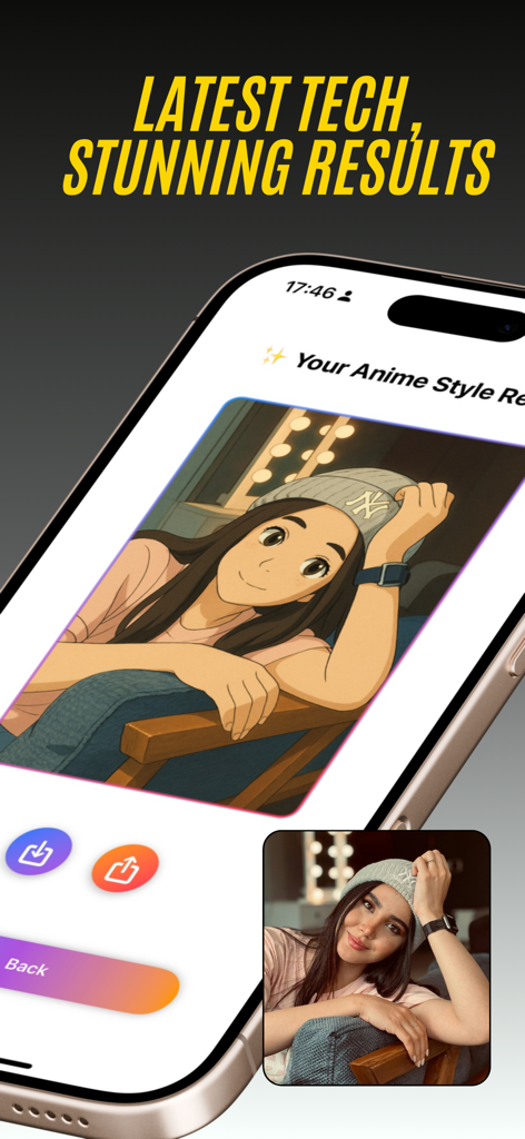 AI Anime Filter - TurnAnime - AI anime filter transformation result showing original photo and anime version