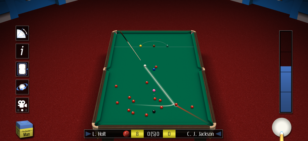 Pro Snooker 2026 - Jogabilidade do Pro Snooker 2026 mostrando uma vista de cima para baixo de uma mesa de snooker com linhas de trajetória da bola