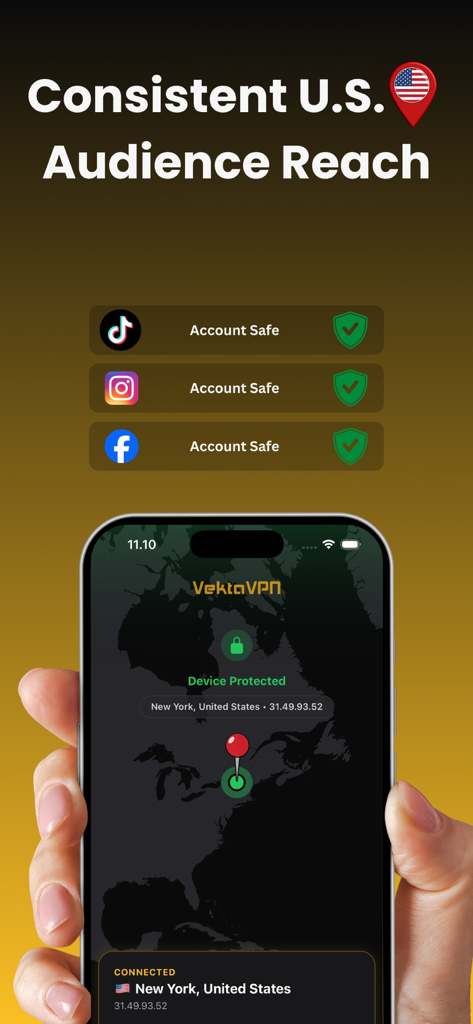 US VPN: VektaVPN - Interfaz de VektaVPN en iPhone mostrando una conexión segura a una IP residencial de Nueva York para una gestión segura de redes sociales