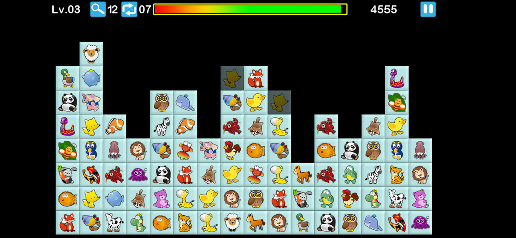 Gameplay screen of Onet Online tile matching puzzle with various animal icons on a grid