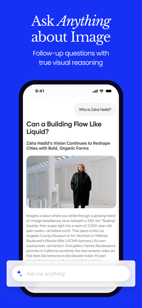Chance AI - Visual Search - A screenshot of the Chance AI app interface showing the Ask Anything about Image feature with an article about architect Zaha Hadid