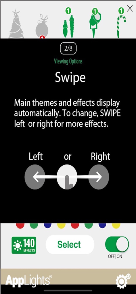 Tutorial screen from AppLights app explaining how to swipe for holiday lighting themes and effects.