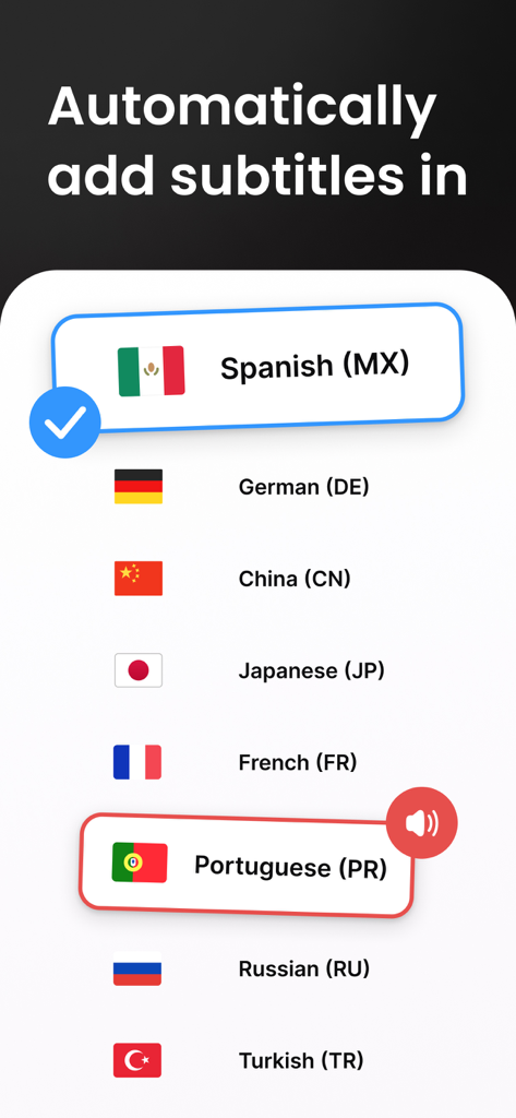 Translate Video: Subtitles - A list of language options with flags for automatic video subtitle translation including Spanish German Chinese and Japanese