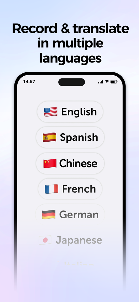 AIgo: AI Meeting Note Taker - Interface do aplicativo AIgo mostrando opções de gravação e tradução multilíngue, incluindo inglês, espanhol, chinês, francês, alemão e japonês.