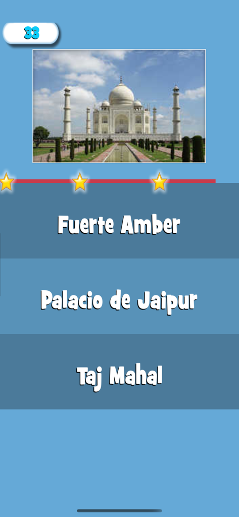Palabra Correcta - Interfaz de juego de trivia de idiomas españoles que muestra una foto del Taj Mahal con opciones de respuesta de opción múltiple