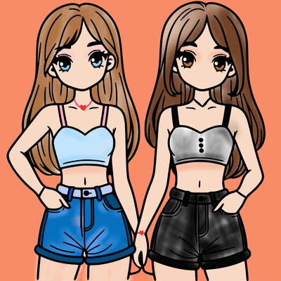 two sisters with crop tops and jean shorts and straight hair