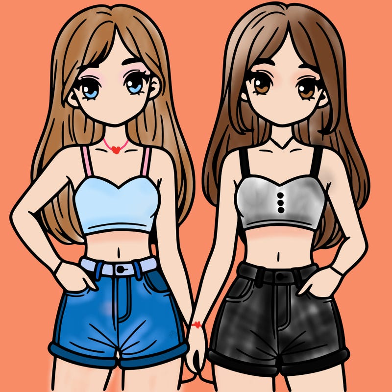 two sisters with crop tops and jean shorts and straight hair