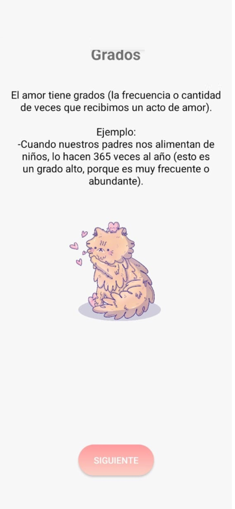EsamorApp - Pantalla de EsamorApp que explica los grados de amor con texto y una linda ilustración de gato.