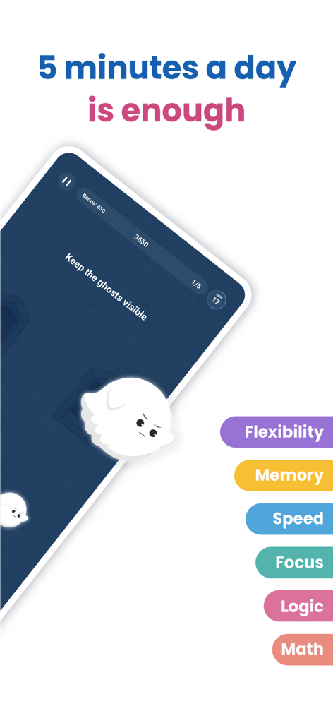 Screenshot of Mindfit app featuring a ghost themed game and cognitive categories for focus and memory training