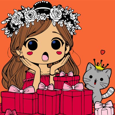 girl with flowers crown with a cat and a surprise to look on her face with a bunch of presents and she is opening them