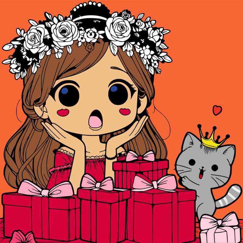 girl with flowers crown with a cat and a surprise to look on her face with a bunch of presents and she is opening them