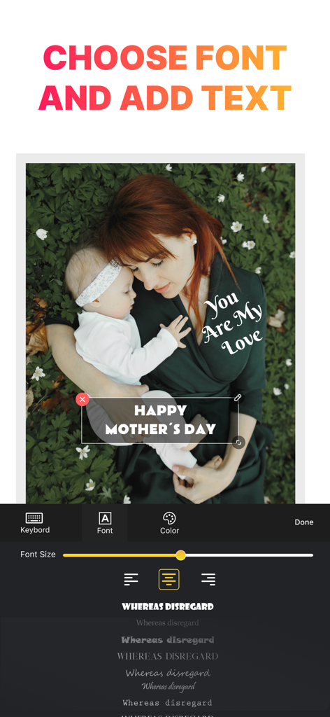 Pic Collage Maker: Photo Frame - Adding custom fonts and text to a photo of a mother and baby in the Pic Collage Maker app.