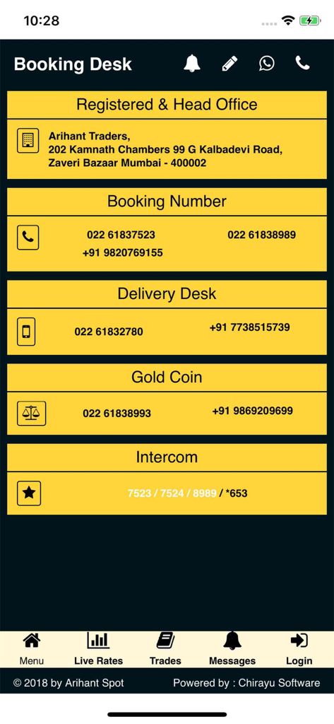 Arihant Spot - The booking desk screen of the Arihant Spot app displaying office address and contact phone numbers for bullion trading