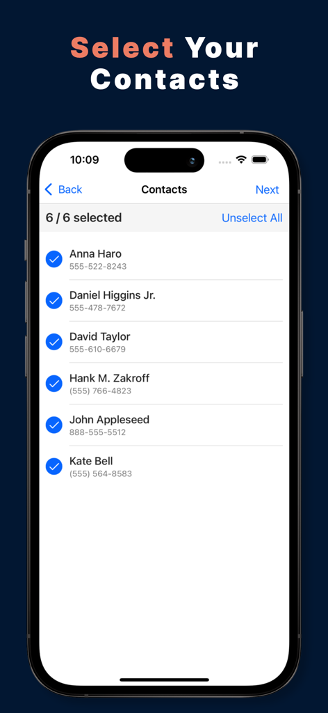 Contacts: MC backup & Exporter - Liste der ausgewählten Kontakte für das Backup auf einem iPhone-Bildschirm