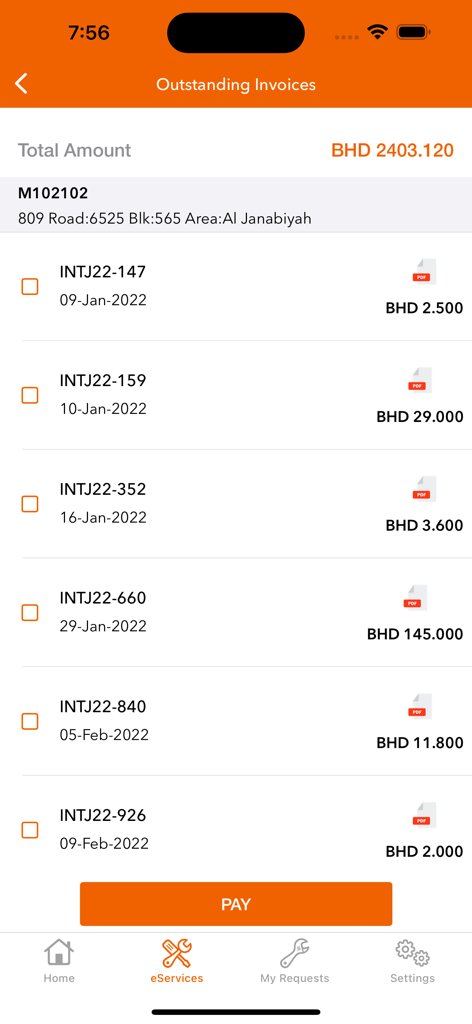 i-Fix - Mobile app interface displaying a list of outstanding maintenance invoices and a pay button