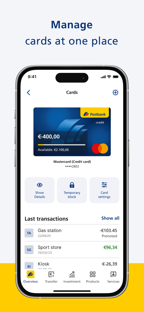 Postbankモバイルアプリのインターフェース、クレジットカード管理と最近の取引リストを表示。