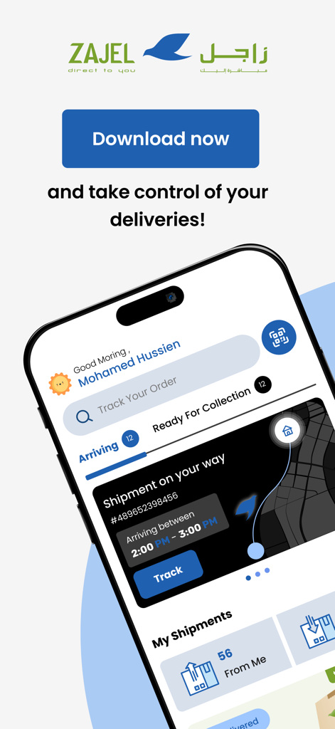 Zajel Courier Services - Zajel Courier Services app interface on a smartphone showing shipment tracking and delivery management