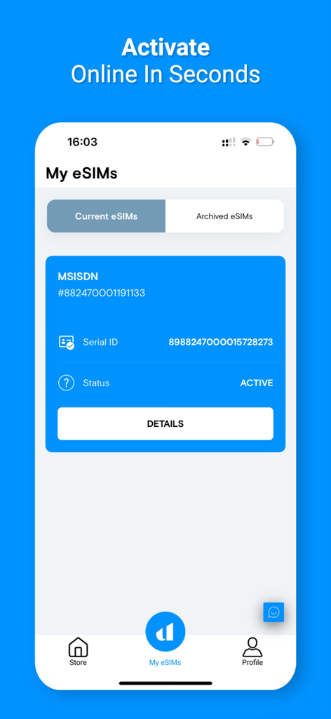 USim app interface showing active eSIM details and online activation status.