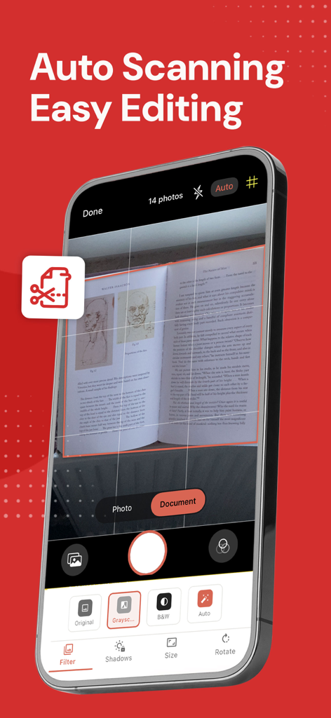Smartphone screen displaying the myPDF app automatic document scanning and editing features
