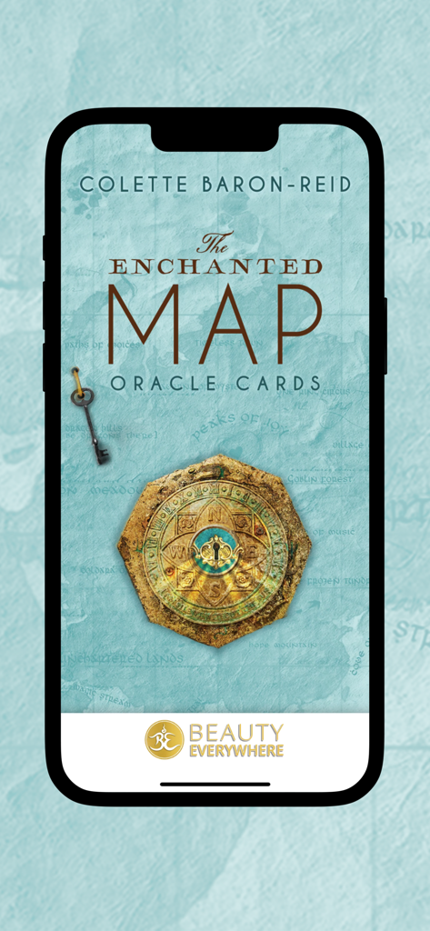 Tela de introdução do aplicativo Oráculo do Mapa Encantado com fundo de mapa e ícone de bússola e chave