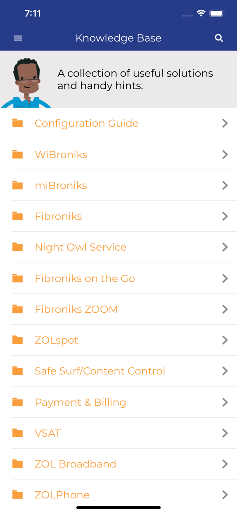 Knowledge Base interface of the myLiquid Home Zimbabwe app featuring various internet support categories