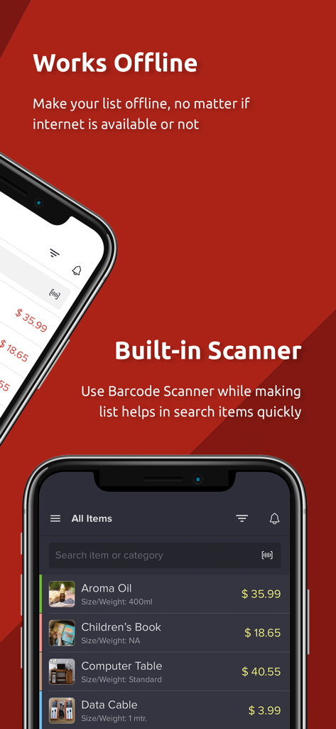 Make Price List & Invoice - Interfaccia dell'app Crea Liste Prezzi e Fatture che mostra la funzionalità offline e il lettore di codici a barre integrato per la gestione dell'inventario.
