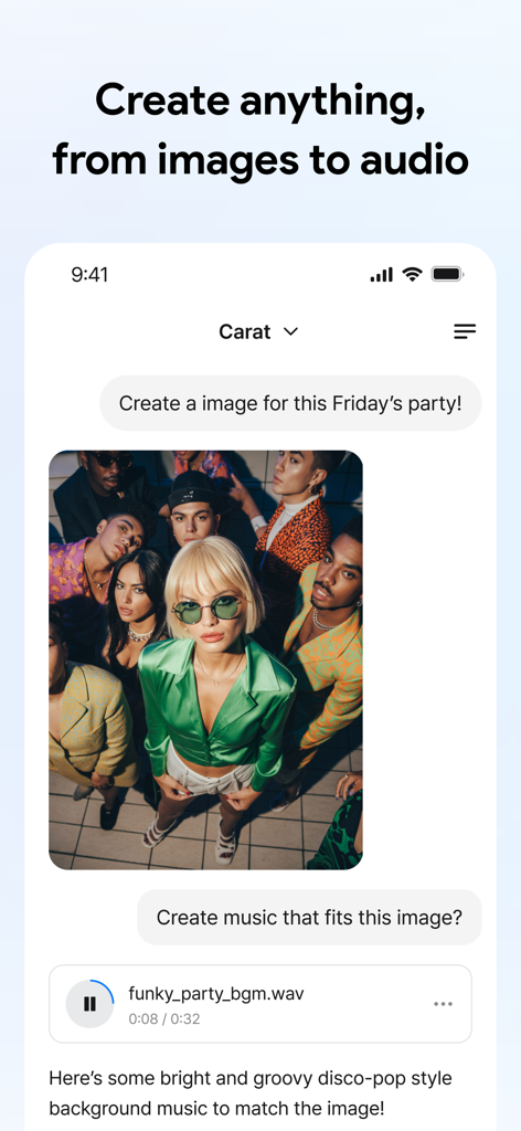Carat app chat interface showing AI generated party image and background music