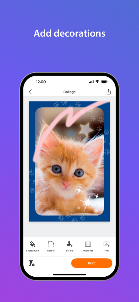 Decorating a kitten photo in the Canon SELPHY Photo Layout app collage editor