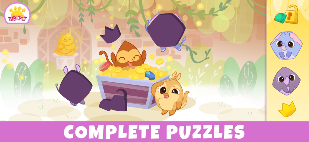 かわいい動物たちと形を合わせる、Bibi Jungleの未就学児向けパズルゲーム画面