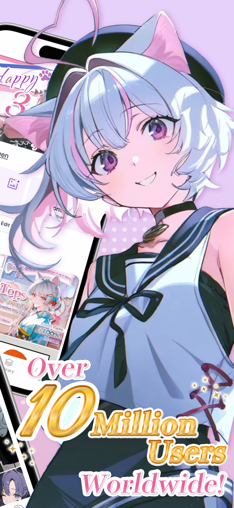 An anime girl illustration from PixAI with text indicating over 10 million users worldwide