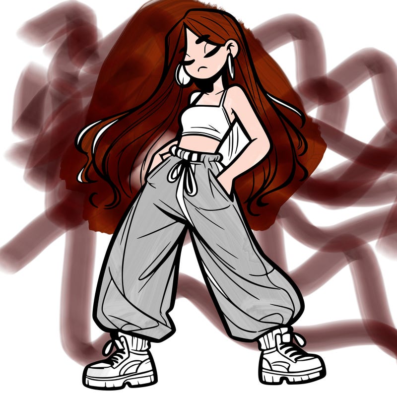 girl in baggy pants crop top and long hair