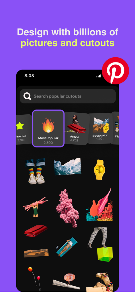 Oberfläche der Shuffles App mit beliebten Bild-Ausschnitten für kreative Collagen