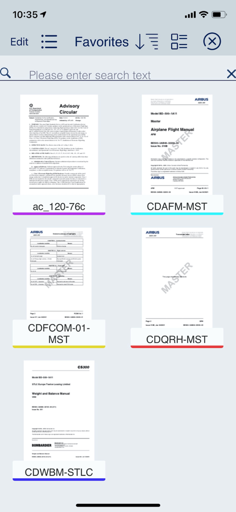 Airbus A220 Flight Deck favorites screen showing pilot manuals